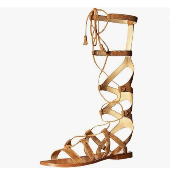 YDN Tan Sexy Knee High Lace up Flats Fringe Gladiator Strap Sandals - Picture 1 of 8